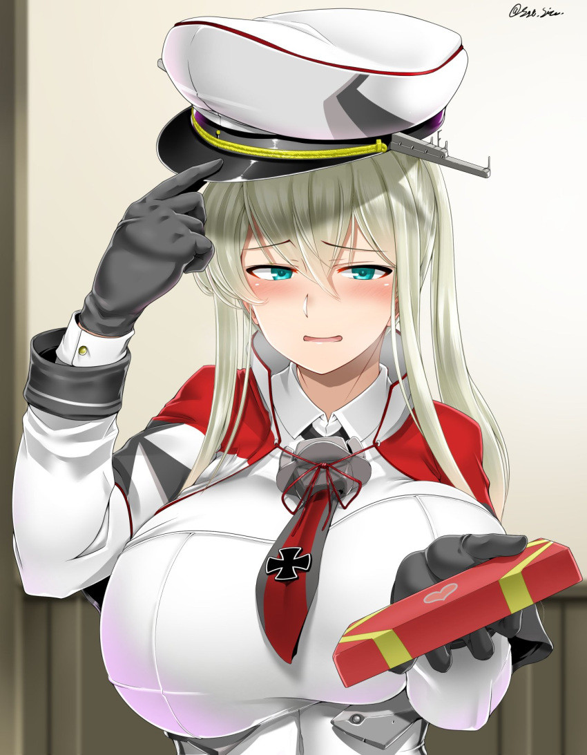 1girl bangs black_gloves blonde_hair blush box breasts capelet celtic_knot eyebrows_visible_through_hair gift gift_box gloves graf_zeppelin_(kantai_collection) hair_between_eyes hat heart highres holding holding_gift indoors iron_cross kantai_collection large_breasts long_hair long_sleeves military military_hat military_uniform necktie open_mouth peaked_cap saizu_nitou_gunsou sidelocks solo twintails twitter_username uniform valentine