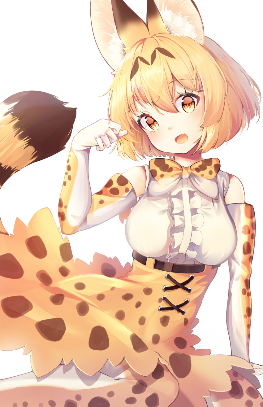 1girl absurdres animal_ears animal_ears_(artist) bare_shoulders belt blonde_hair blush bow bowtie center_frills commentary_request elbow_gloves eyebrows_visible_through_hair fang gloves high-waist_skirt highres kemono_friends looking_at_viewer multicolored_hair open_mouth paw_pose print_gloves print_legwear print_neckwear print_skirt serval_(kemono_friends) serval_ears serval_print serval_tail short_hair skirt sleeveless solo tail thigh-highs yellow_eyes