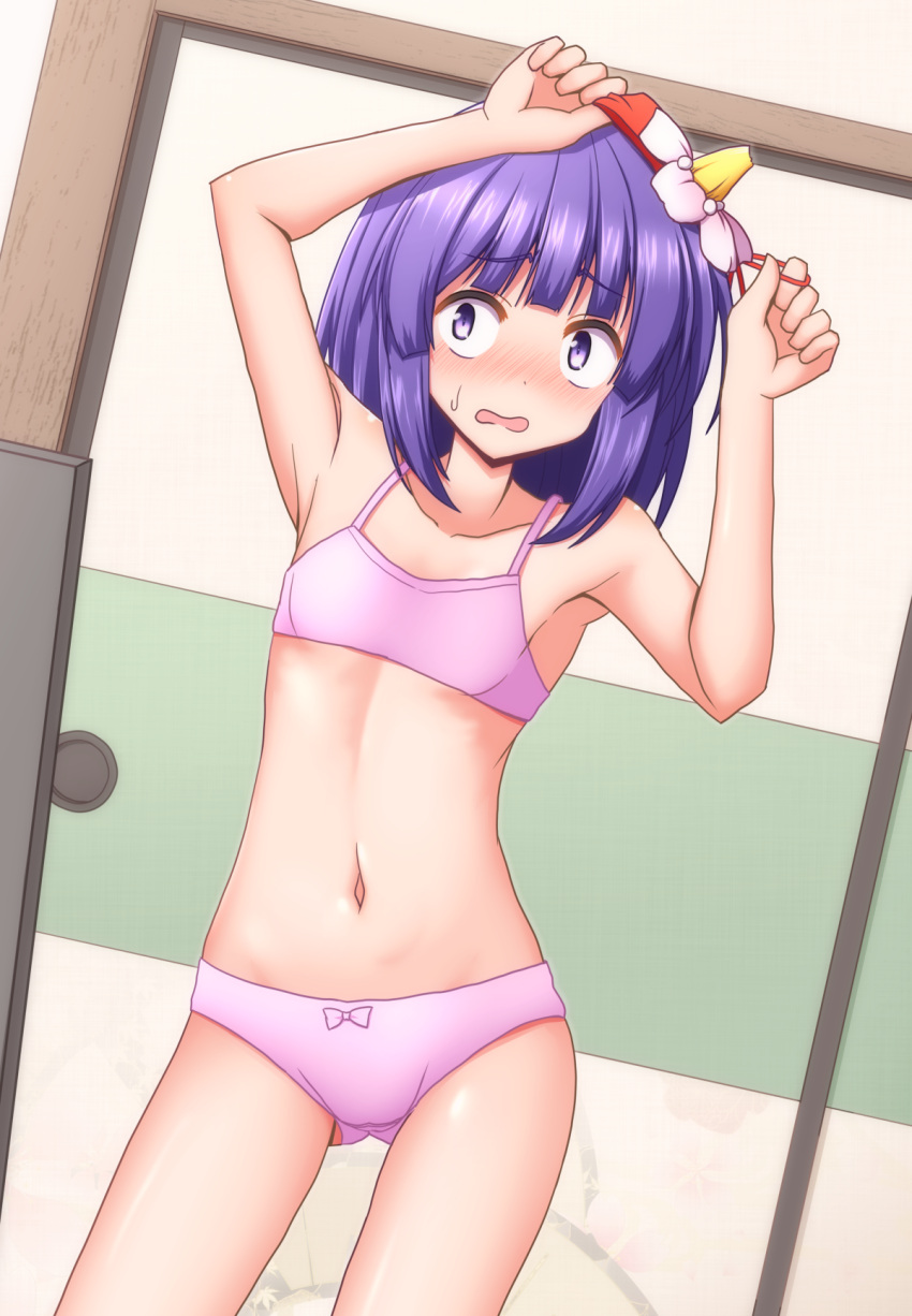 1girl armpits arms_up ass_visible_through_thighs bangs bare_arms bare_shoulders blunt_bangs blush bow bow_panties bra collarbone commentary_request constricted_pupils cowboy_shot embarrassed eyebrows_visible_through_hair flat_chest flower hair_flower hair_ornament hieda_no_akyuu highres indoors looking_at_viewer navel nose_blush open_mouth panties pink_bra pink_panties purple_hair shiny shiny_skin short_hair solo standing stomach sweat teoi_(good_chaos) thighs touhou underwear violet_eyes white_flower