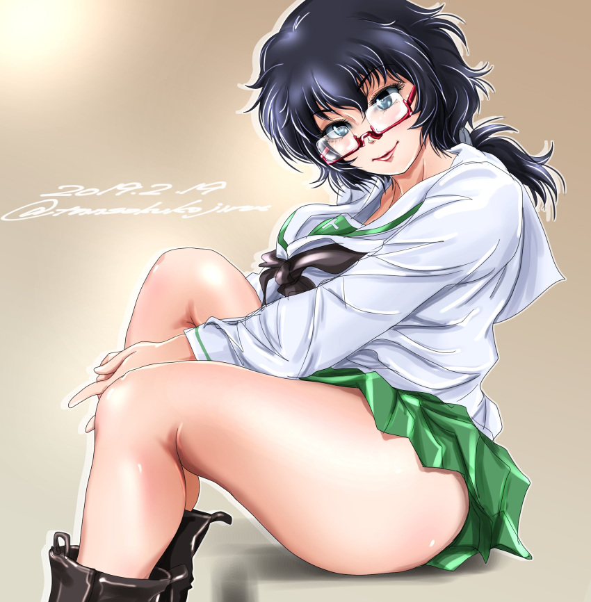 absurdres black_eyes black_footwear black_hair boots dated girls_und_panzer glasses highres messy_hair ooarai_school_uniform oryou_(girls_und_panzer) red-framed_eyewear school_uniform semi-rimless_eyewear short_hair short_ponytail tomokoji under-rim_eyewear