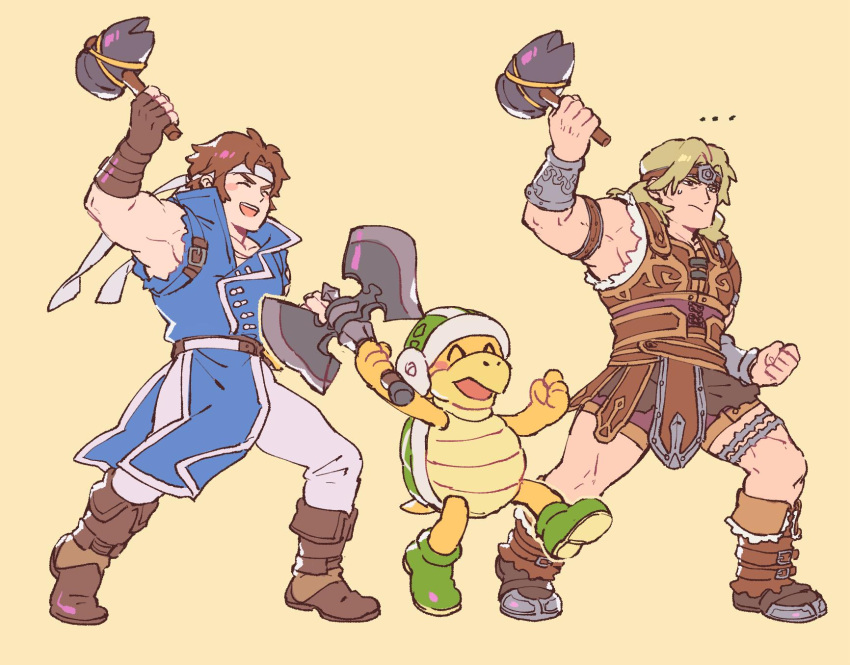 ... 3boys armpits axe blonde_hair blush_stickers boots bracer brown_footwear brown_hair castlevania clenched_hands gloves hammer hammer_brothers headband helmet highres holding holding_weapon jeepochu konami male_focus super_mario_bros. multiple_boys muscle nintendo pelvic_curtain richter_belmondo shell simon_belmondo sleeveless smile super_mario_bros. super_smash_bros. super_smash_bros._ultimate turtle weapon