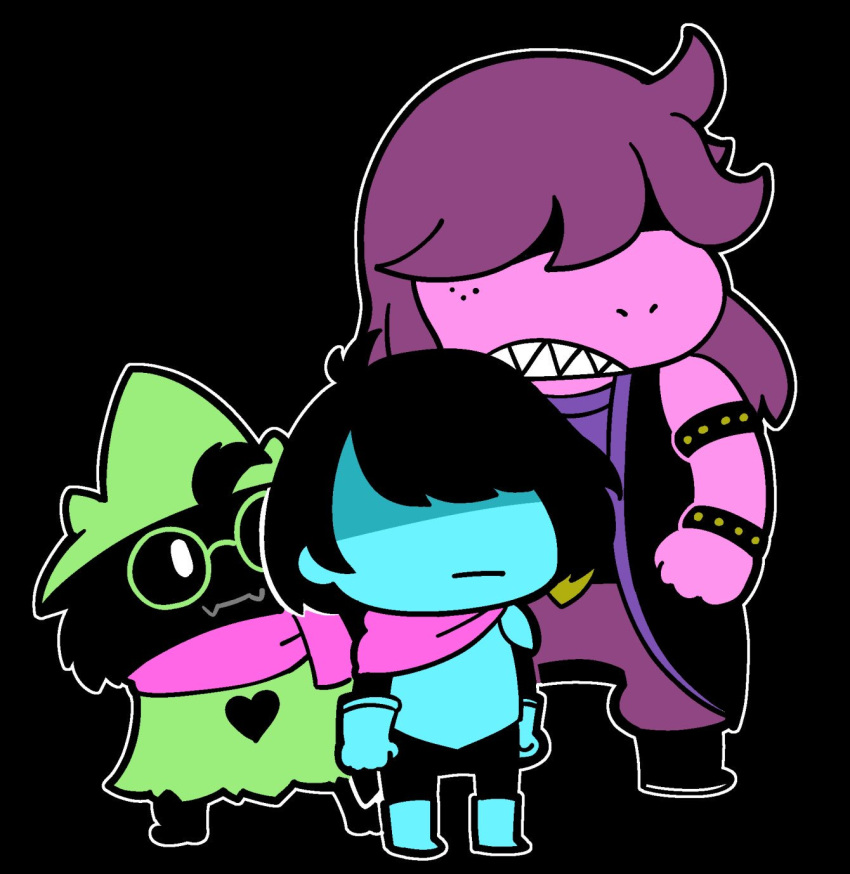 1boy 1girl 1other ahoge armor bangs bkub black_background black_hair blue_armor blue_skin boots clenched_hands clenched_teeth commentary deltarune fur glasses gloves green-framed_eyewear green_hat green_robe hair_over_eyes hat heart highres kris_(deltarune) long_hair monster_boy monster_girl outline pants pink_scarf purple_hair purple_pants purple_shirt purple_skin ralsei scarf sharp_teeth shirt short_hair shoulder_armor studded_armlet studded_bracelet susie_(deltarune) swept_bangs teeth white_outline wizard_hat