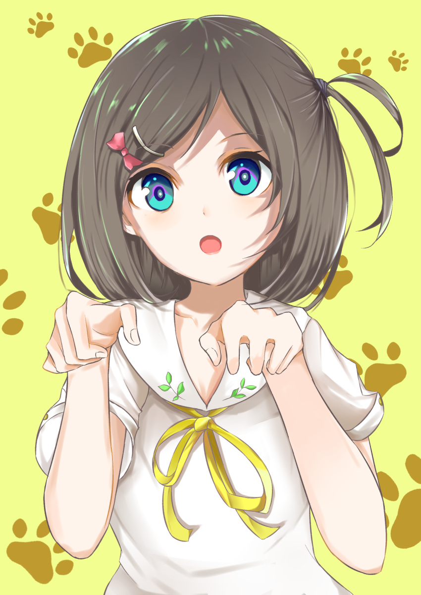 1girl :o bangs black_hair blue_eyes bow cat_paws chisaku commentary_request hair_bow hair_ornament hairclip hentai_ouji_to_warawanai_neko. highres looking_at_viewer parted_bangs parted_lips paw_pose paw_print paws pink_bow ribbon shaded_face shirt short_hair short_sleeves side_ponytail solo tsutsukakushi_tsukiko upper_body white_shirt yellow_background yellow_ribbon