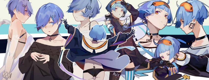 1girl ahoge alternate_costume bare_shoulders black_legwear black_panties black_sweater blue_eyes blue_hair choker collarbone detached_sleeves dress earrings fingerless_gloves girls_frontline gloves goggles goggles_on_head hair_ornament hairclip highres jewelry long_sleeves looking_at_viewer multiple_views nunuan off_shoulder orange_goggles panties parted_lips short_hair single_earring striped striped_legwear sweater thigh-highs underwear white_dress yellow_eyes zas_m21_(girls_frontline)