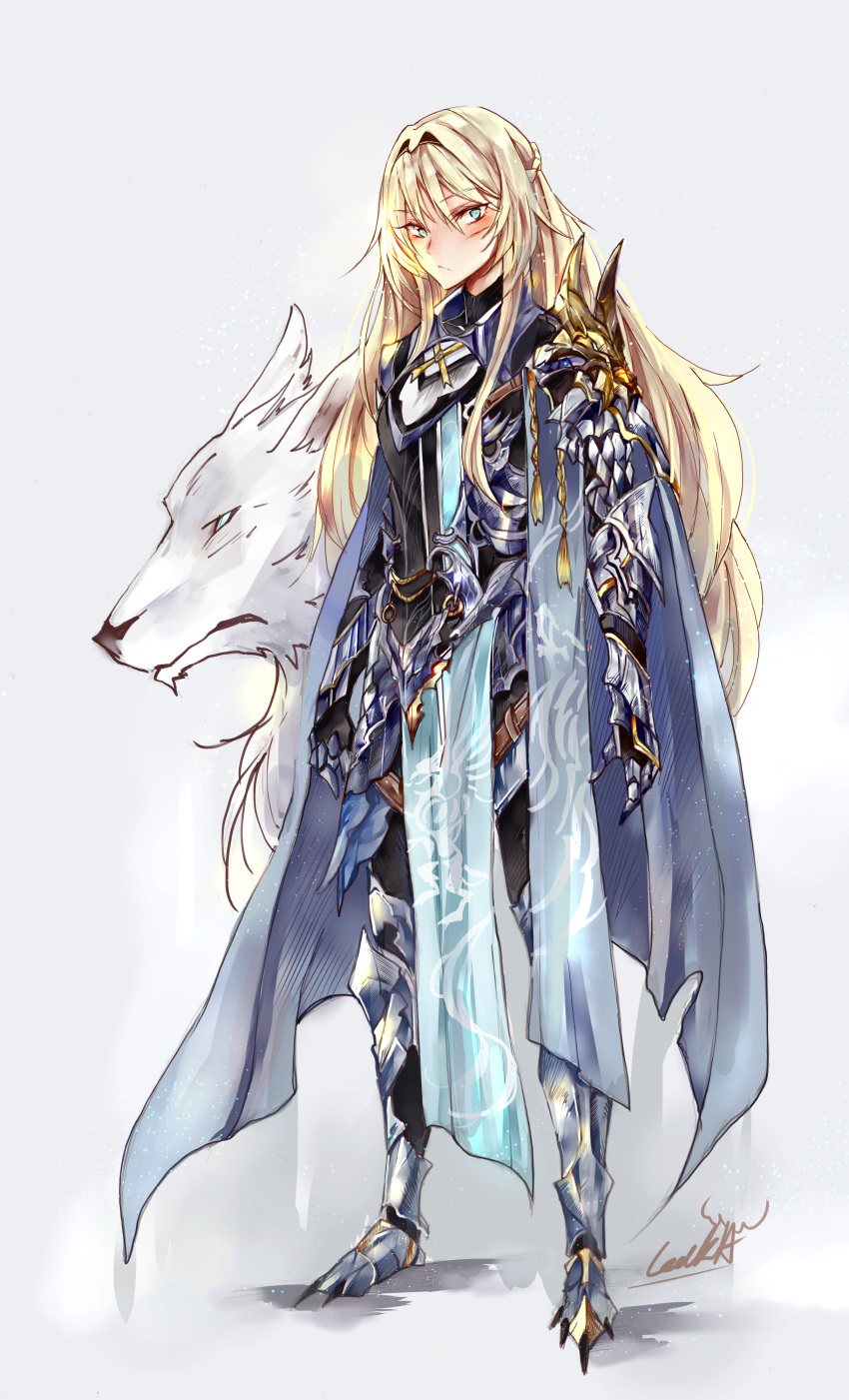 1girl absurdres an-94_(girls_frontline) animal armor bangs blonde_hair braid cape closed_mouth cocoka commentary_request dog eyebrows_visible_through_hair facial_scar french_braid full_armor full_body gauntlets girls_frontline green_eyes hair_between_eyes hairband highres knight long_hair looking_at_viewer scar simple_background very_long_hair white_background