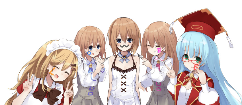 5girls :d ^_^ bangs bare_shoulders blanc blancpig_yryr blonde_hair blue_eyes blush brown_hair closed_eyes closed_eyes commentary_request double_v dress fake_facial_hair fake_mustache financier glasses green_eyes grin hair_ornament hairclip hat highres holding_marker light_blue_hair long_hair looking_at_viewer maid maid_headdress marker mortarboard multiple_girls neck_ribbon neptune_(series) nishizawa_mina open_mouth parted_bangs ram_(neptune_series) red-framed_eyewear ribbon rom_(neptune_series) short_hair siblings simple_background sisters smile spaghetti_strap twins v white_background white_dress