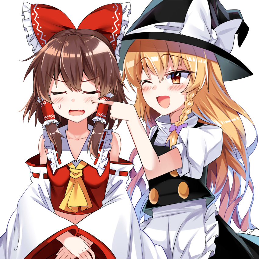 2girls ;d apron ascot bangs bare_shoulders black_headwear black_skirt black_vest blonde_hair blush bow braid breasts brown_hair cheek_poking closed_eyes commentary_request cowboy_shot detached_sleeves e.o. eyebrows_visible_through_hair facing_viewer frilled_apron frilled_bow frilled_shirt_collar frills hair_between_eyes hair_bow hair_tubes hakurei_reimu hat hat_bow highres kirisame_marisa long_sleeves looking_at_another multiple_girls navel one_eye_closed open_mouth poking puffy_short_sleeves puffy_sleeves purple_bow red_bow ribbon-trimmed_collar ribbon-trimmed_sleeves ribbon_trim shirt short_hair short_sleeves sidelocks simple_background single_braid skirt skirt_set small_breasts smile sweat touhou vest waist_apron white_apron white_background white_bow white_shirt wide_sleeves witch_hat yellow_eyes yellow_neckwear