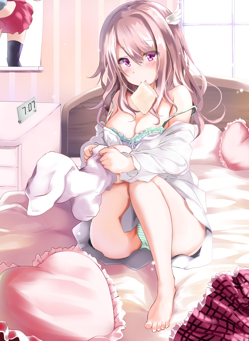 1girl absurdres ass bare_legs bare_shoulders barefoot bed black_legwear blush bra breasts cleavage commentary_request crop_top day dressing food food_in_mouth foreshortening frilled_bra frilled_skirt frills hair_between_eyes head_wings heart heart_pillow highres indoors kuromiko_shoujo large_breasts leaning_forward leg_up long_hair long_sleeves looking_at_viewer midriff miniskirt moe2019 mouth_hold off_shoulder on_bed original pillow pink_skirt plaid plaid_skirt poster_(object) red_skirt shirt sidelocks silver_hair skirt solo strap_slip thigh-highs thighs toast toast_in_mouth underwear violet_eyes white_bra white_legwear white_shirt window zettai_ryouiki