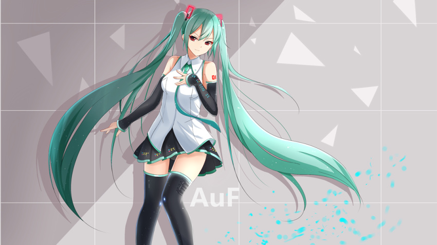 1girl against_wall aqua_hair artist_name bare_shoulders chinese_commentary commentary_request detached_sleeves devil_fish feet_out_of_frame hair_ornament hand_on_own_chest hatsune_miku hatsune_miku_(vocaloid4) head_tilt light_smile long_hair looking_at_viewer necktie pleated_skirt red_eyes shadow shirt shoulder_tattoo skirt sleeveless sleeveless_shirt smirk solo tattoo thigh-highs tsurime twintails very_long_hair vocaloid white_shirt zettai_ryouiki