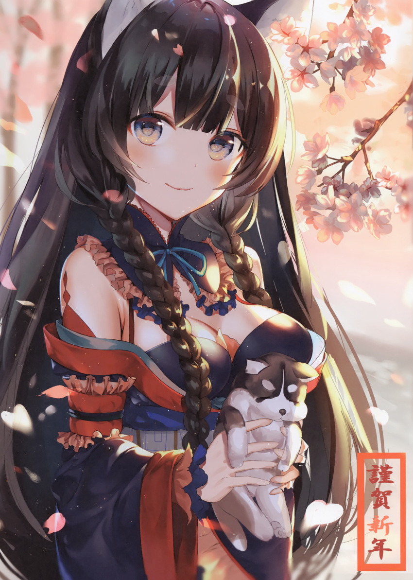 1girl absurdres animal animal_ears arm_garter bangs blue_eyes blunt_bangs blush braid breasts brown_hair cherry_blossoms chinese_zodiac closed_mouth dog dog_ears eyebrows_visible_through_hair happy_new_year highres holding holding_animal japanese_clothes kimono kouyafu large_breasts long_hair long_sleeves looking_at_viewer multicolored multicolored_eyes new_year obi original outdoors sash scan signature smile solo translated upper_body very_long_hair wide_sleeves year_of_the_dog