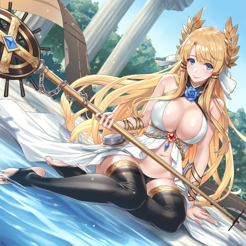 1girl absurdres azur_lane bangs bare_shoulders belly black_legwear black_panties blonde_hair blue_eyes blue_flower blue_rose blush breasts center_opening chains cleavage closed_mouth cross cuboon dress eyebrows_visible_through_hair flower gem hair_ornament halterneck head_wreath highres holding holding_staff large_breasts laurel_crown long_hair looking_at_viewer navel outdoors panties ribbon rose sidelocks sitting sky sleeveless sleeveless_dress smile solo staff swept_bangs thigh-highs toeless_legwear tree underwear very_long_hair victorious_(azur_lane) water white_dress wrist_ribbon yellow_ribbon