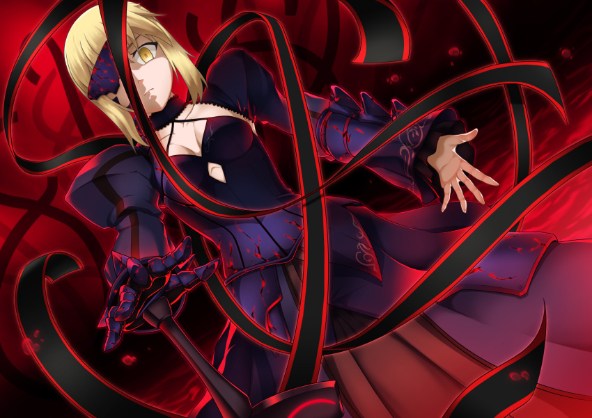 1girl armor armored_dress artoria_pendragon_(all) black_dress black_ribbon blonde_hair breasts choker cleavage collar cutout dark_excalibur dress dutch_angle fate/stay_night fate_(series) frown gamiani_zero hand_on_hilt highres long_sleeves looking_at_viewer medium_breasts ribbon saber_alter short_hair shrug_(clothing) sidelocks solo standing yellow_eyes