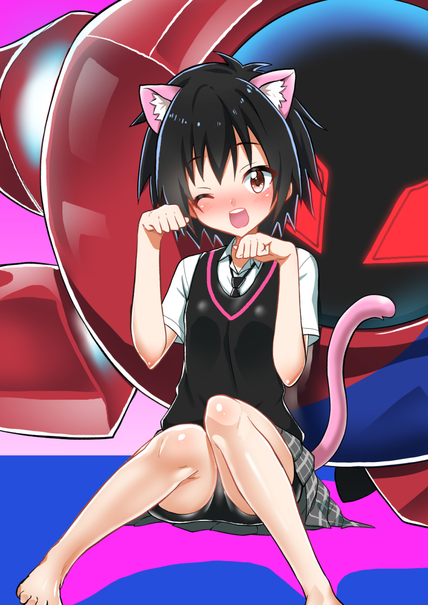 1girl animal_ears barefoot bike_shorts black_hair black_neckwear blush cat_ears cat_tail eyebrows_visible_through_hair eyes_visible_through_hair highres knees_together_feet_apart looking_at_viewer marvel mecha necktie one_eye_closed open_mouth paw_pose peni_parker pleated_skirt round_teeth school_uniform short_hair skirt smile sp//dr spider-man:_into_the_spider-verse spider-man_(series) sweater sweater_vest tail teeth yuto_(dialique)