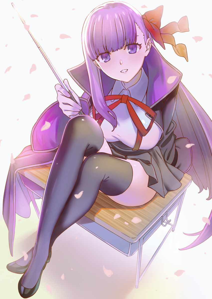 1girl absurdres bangs bb_(fate)_(all) bb_(fate/extra_ccc) black_coat black_footwear black_legwear black_skirt blush breasts coat desk fate/extra fate/extra_ccc fate_(series) gloves hair_ribbon high-waist_skirt highres kujuu_shikuro large_breasts legs long_hair long_sleeves looking_at_viewer neck_ribbon open_clothes open_coat petals popped_collar purple_hair red_ribbon ribbon simple_background sitting skirt smile solo thigh-highs thighs very_long_hair violet_eyes wand white_background white_gloves wide_sleeves