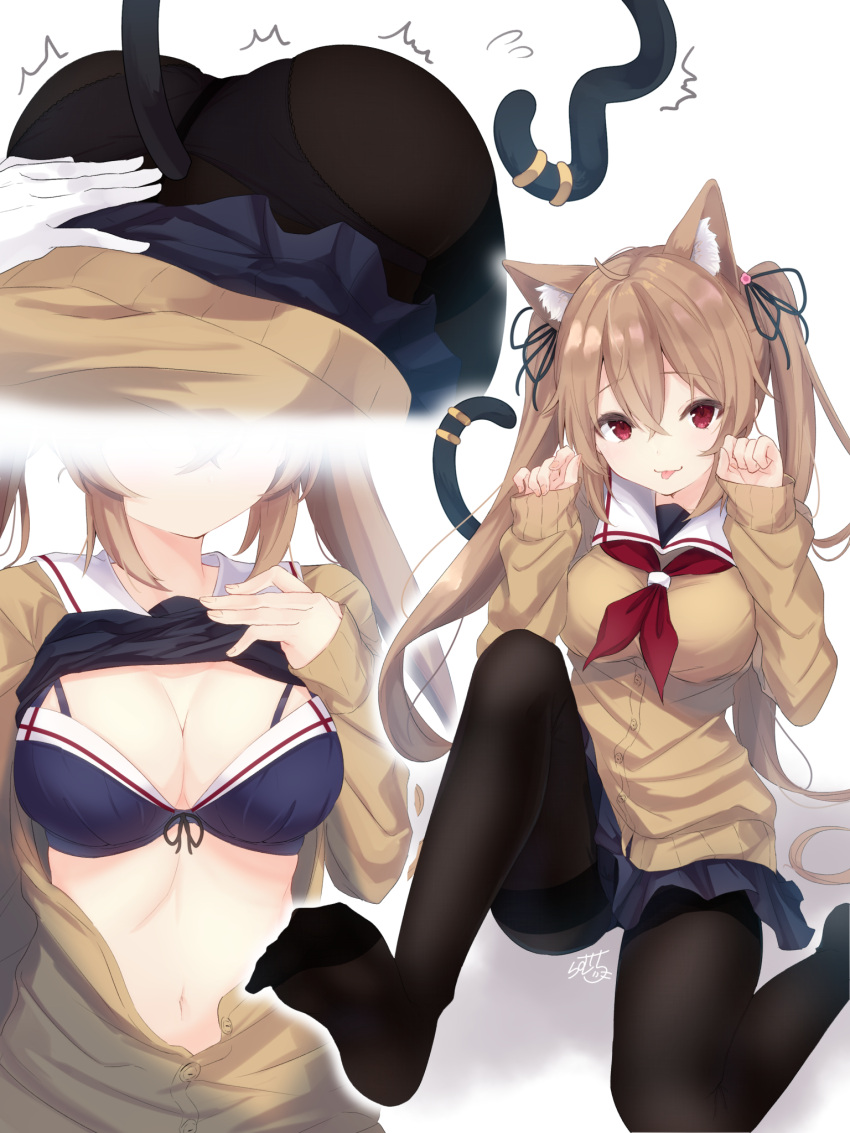 1girl animal_ears black_legwear black_skirt bra breasts brown_eyes cat_ears cat_tail cleavage eyebrows_visible_through_hair gradient_hair hair_between_eyes hair_ribbon highres kantai_collection light_brown_hair long_hair looking_at_viewer medium_breasts multicolored_hair murasame_(kantai_collection) pantyhose paw_pose pleated_skirt ramchi remodel_(kantai_collection) ribbon simple_background skirt tail twintails two_side_up underwear white_background