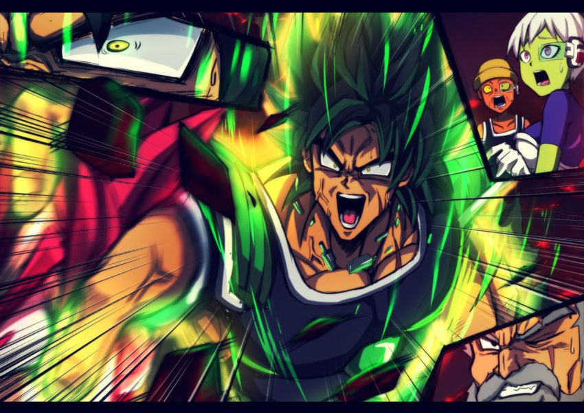 1girl 4boys anger_vein armor aura beard black_eyes black_hair broly_(dragon_ball_super) character_request cheelai chinese_commentary clenched_teeth collarbone commentary_request constricted_pupils dragon_ball_super_broly emphasis_lines facial_hair green_skin grey_hair hat koissa multiple_boys mustache one_eye_closed open_mouth orange_skin pink_eyes red_eyes redhead scar scouter short_sleeves silver_hair son_gokuu sweat teeth upper_body v-shaped_eyebrows yellow_eyes yellow_hat yellow_sclera