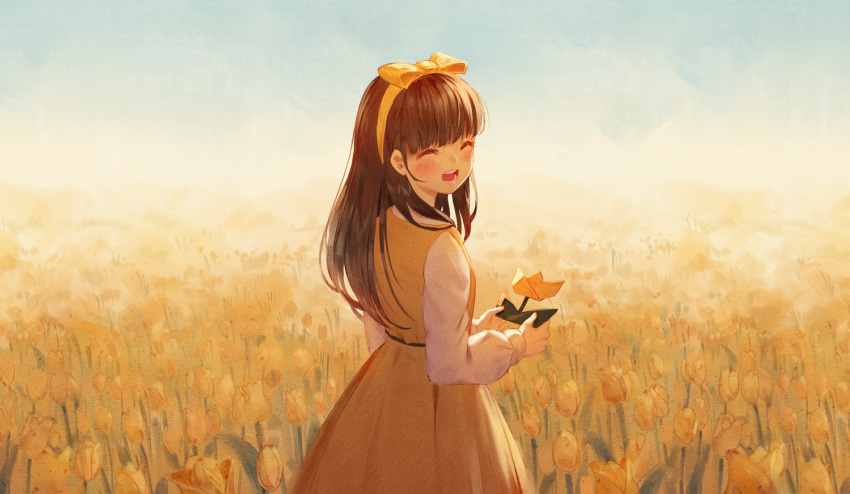 1girl :d ^_^ bangs blue_sky blush bow brown_hair closed_eyes closed_eyes commentary_request copyright_request day dress facing_viewer field flower flower_field hair_bow hairband holding holding_flower ji_dao_ji long_hair long_sleeves open_mouth outdoors shirt sky sleeveless sleeveless_dress smile solo tulip white_shirt yellow_bow yellow_dress yellow_flower yellow_hairband