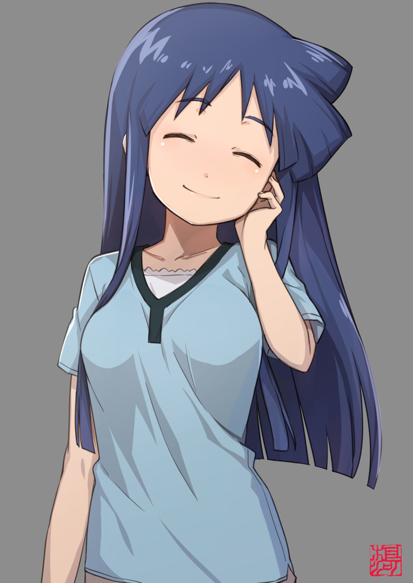 1girl aizawa_chizuru black_background blue_hair blue_shirt closed_eyes eyebrows_visible_through_hair facing_viewer goemon1110 hand_on_own_cheek highres long_hair shinryaku!_ikamusume shirt short_sleeves smile solo t-shirt