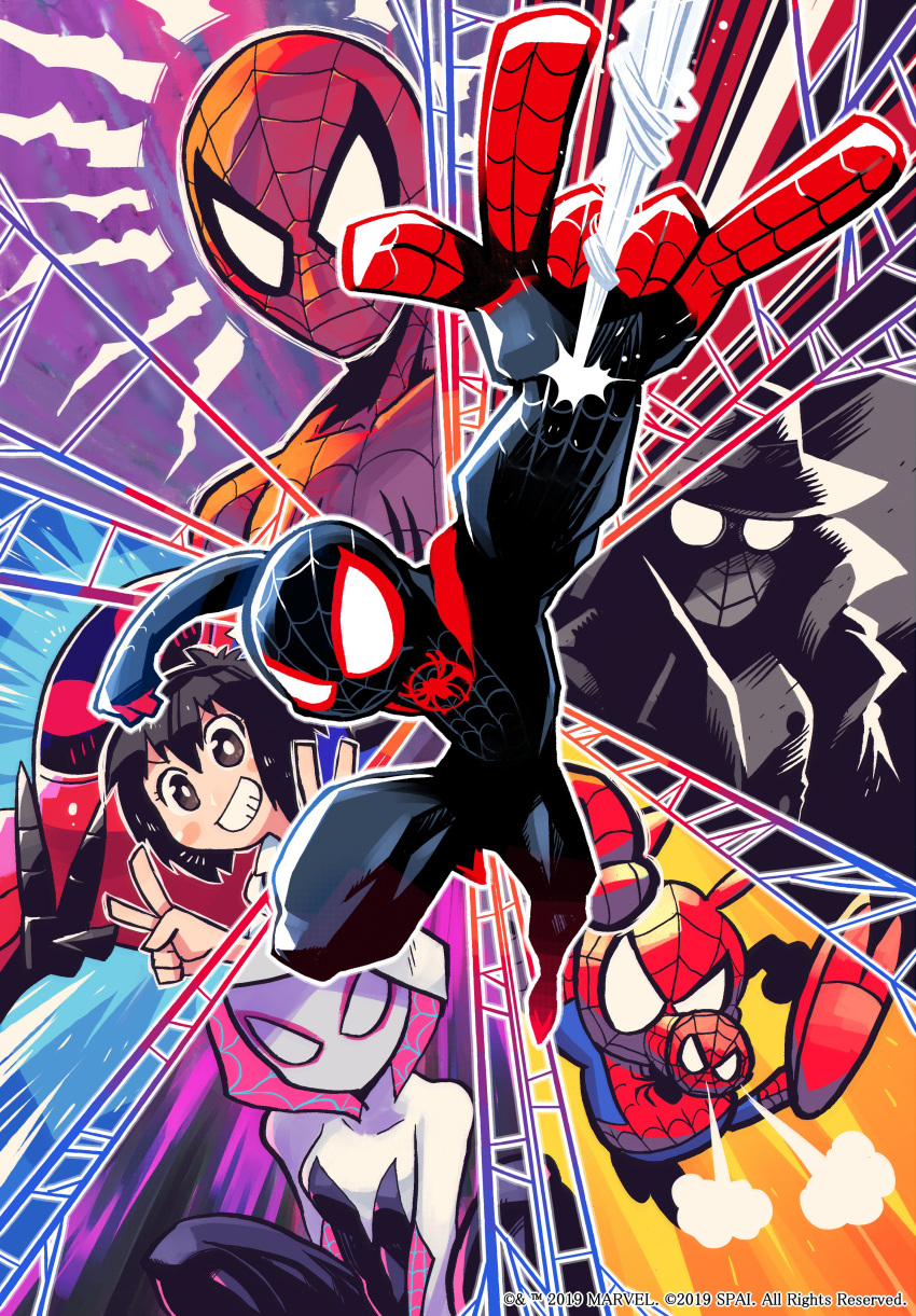 2girls \m/ absurdres black_hair bodysuit clenched_hand coat hat highres hood looking_at_viewer marvel mask mecha miles_morales monochrome multiple_girls peni_parker rariatto_(ganguri) silk snorting snout sp//dr spider-gwen spider-ham spider-man spider-man:_into_the_spider-verse spider-man_(miles_morales) spider-man_(series) spider-man_noir spider_web spider_web_print superhero v