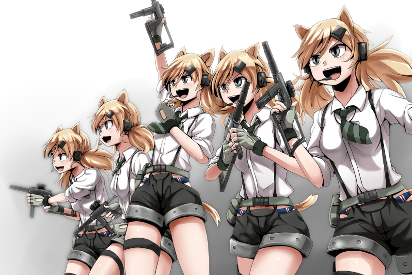 5girls :d animal_ears belt blonde_hair breasts cat_ears cat_tail clenched_hand fang fingerless_gloves girls_frontline gloves grey_eyes gun headset highres holding holding_gun holding_weapon idw_(girls_frontline) long_hair multiple_girls necktie open_mouth panties shorts smile suspenders tail teeth thigh_strap twintails underwear weapon yaruku