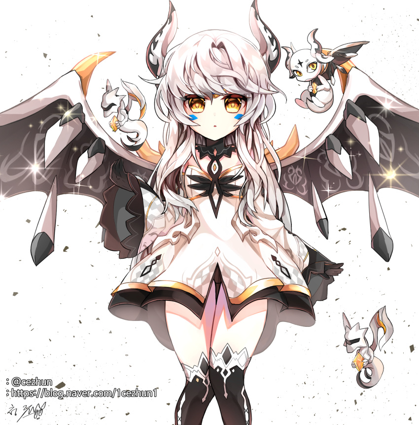 1cezhun1 1girl detached_sleeves dragon drone elsword eve_(elsword) facial_mark forehead_jewel gloves highres horns long_hair panties pantyshot pet silver_hair skirt thigh-highs underwear wings yellow_eyes