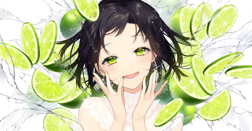1girl :d absurdres bangs black_hair blush commentary_request dress eyebrows_visible_through_hair fingernails food fruit gradient_hair green_eyes green_hair hands_up head_tilt highres lime_(fruit) lime_slice looking_at_viewer multicolored_hair nail_polish open_mouth original school_uniform serafuku simple_background sleeveless sleeveless_dress smile sogawa solo splashing water white_background white_dress yellow_nails