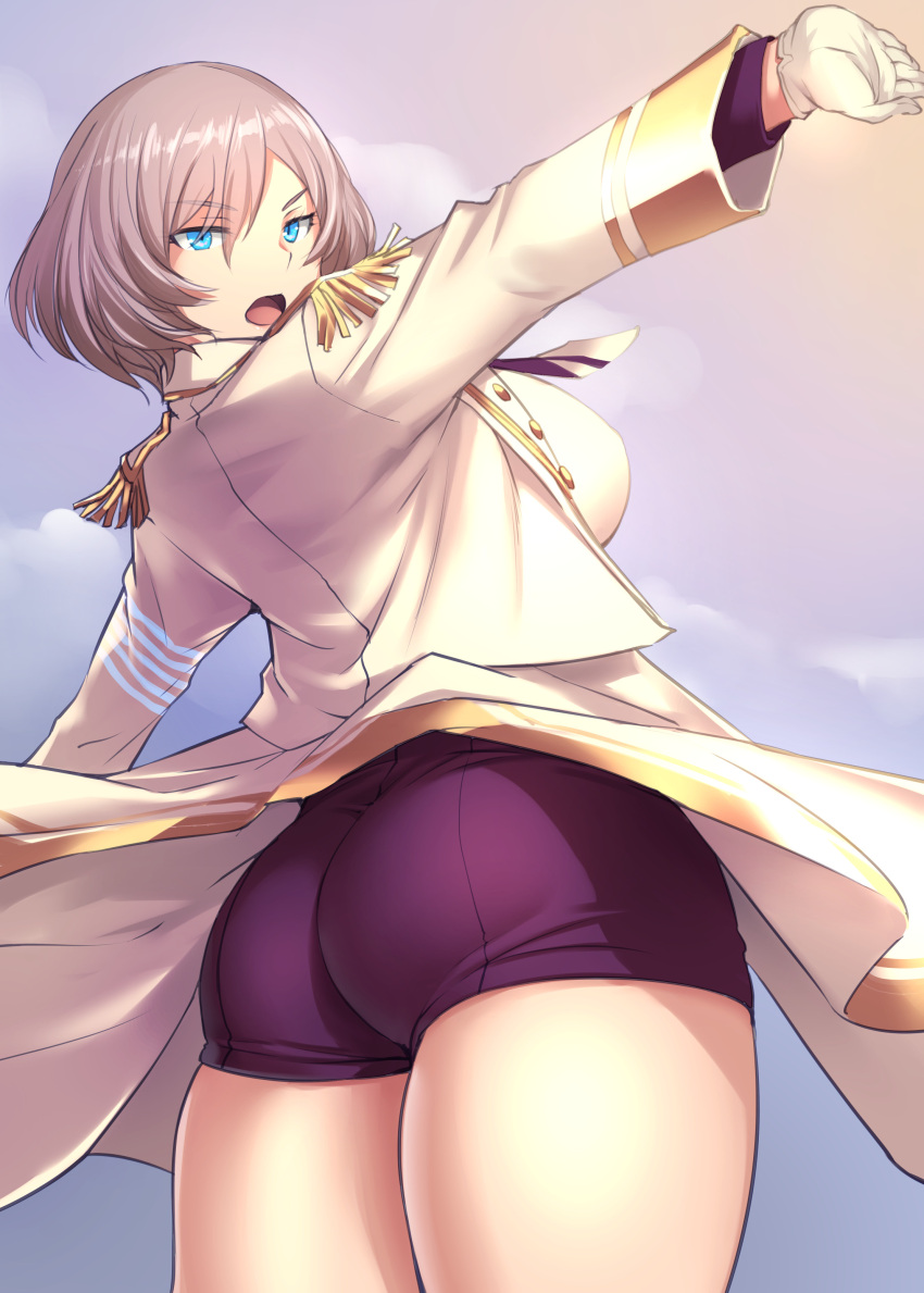1girl absurdres ass blue_eyes bosshi breasts clouds commentary_request dynazenon_(character) epaulettes eyebrows_visible_through_hair from_behind gloves highres large_breasts long_sleeves looking_at_viewer looking_back military military_uniform open_mouth outdoors outstretched_arms short_hair short_shorts shorts sky solo ssss.dynazenon thighs uniform white_gloves