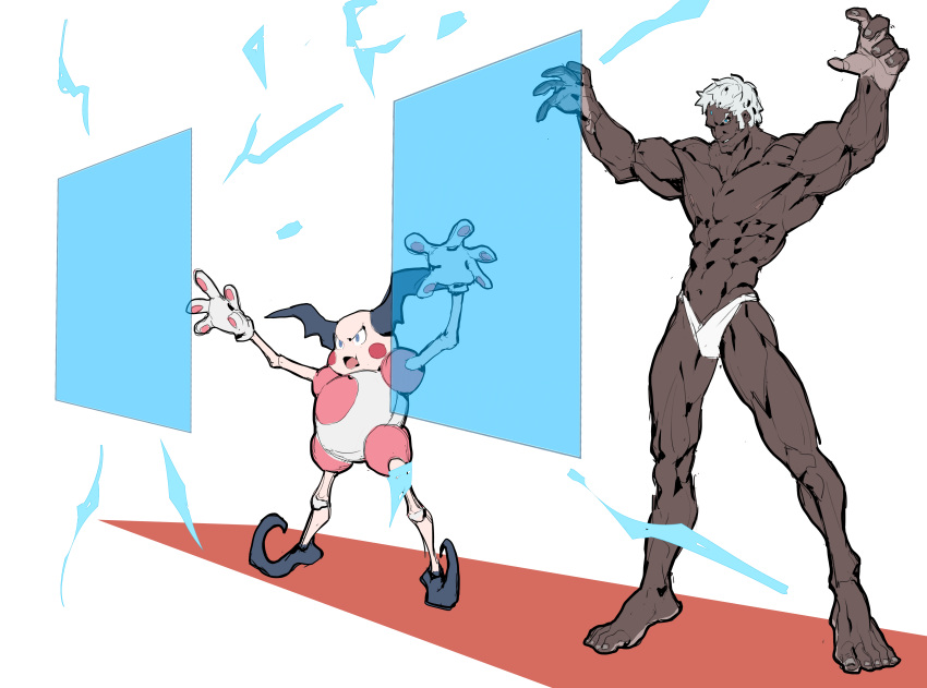 1boy 1other abs absurdres barefoot barrier barrier_(specie) blue_eyes capcom creatures_(company) dark_skin dark_skinned_male fighting_stance forehead_jewel full_body game_freak gen_1_pokemon grin highres human makai mr._mime muscle nintendo olm_digital open_mouth outstretched_arms pokemon pokemon_(anime) pokemon_(creature) pokemon_(game) pokemon_frlg pokemon_rgby shirtless simple_background sketch smile street_fighter super_smash_bros. trait_connection underwear urien white_background white_hair