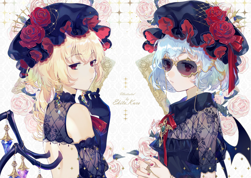 2girls alternate_costume artist_name ascot back_cutout bangs bare_shoulders bat_wings birdcage black_dress black_gloves black_hat blonde_hair blue_hair breasts brooch cage chains commentary_request crystal detached_sleeves dress earrings ekita_xuan eyebrows_visible_through_hair fishnets flandre_scarlet flower from_side gem gloves hair_between_eyes hand_up hat hat_flower hat_ribbon jewelry looking_at_viewer mob_cap multiple_girls nail_polish neck_ribbon one_side_up own_hands_together parted_lips pink_flower pink_rose puffy_short_sleeves puffy_sleeves red_eyes red_flower red_nails red_neckwear red_ribbon red_rose remilia_scarlet ribbon ring rose short_sleeves siblings sisters small_breasts sunglasses touhou upper_body white_background wing_collar wings yellow-framed_eyewear