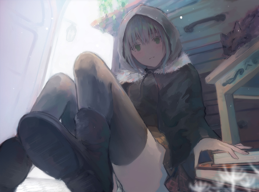 1girl absurdres animal bangs black_cat black_footwear black_legwear blurry blush book boots capelet cat depth_of_field eyebrows_visible_through_hair fate_(series) fur_trim gray_(lord_el-melloi_ii) green_eyes grey_hair highres hood hood_up indoors kayakooooo knees_up long_sleeves looking_at_viewer lord_el-melloi_ii_case_files on_floor panties pantyshot pantyshot_(sitting) parted_lips pleated_skirt short_hair sitting skirt solo thigh-highs underwear white_panties