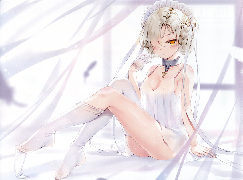 1girl absurdres arm_support azur_lane bangs bare_shoulders bed_sheet blurry blurry_background blush braid breasts collar collarbone curtains dress feathers full_body gloves hair_over_one_eye hand_up highres indoors maid_headdress maya_g medium_breasts mouth_pull scan see-through sheffield_(azur_lane) shiny shiny_hair shiny_skin sitting solo thigh-highs thighs tied_hair white_dress white_legwear window yellow_eyes