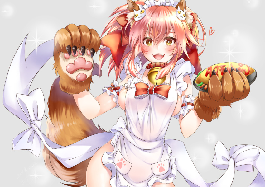1girl animal_ear_fluff animal_ears apron bell bell_collar blush breasts cat_hair_ornament cat_paws cleavage collar fangs fate/grand_order fate_(series) food fox_ears fox_girl fox_tail gloves hair_ornament hair_ribbon heart jingle_bell large_breasts long_hair looking_at_viewer maid_headdress mashiro_aa naked_apron open_mouth paw_gloves paws pink_hair ponytail red_ribbon ribbon sideboob solo tail tamamo_(fate)_(all) tamamo_cat_(fate) yellow_eyes