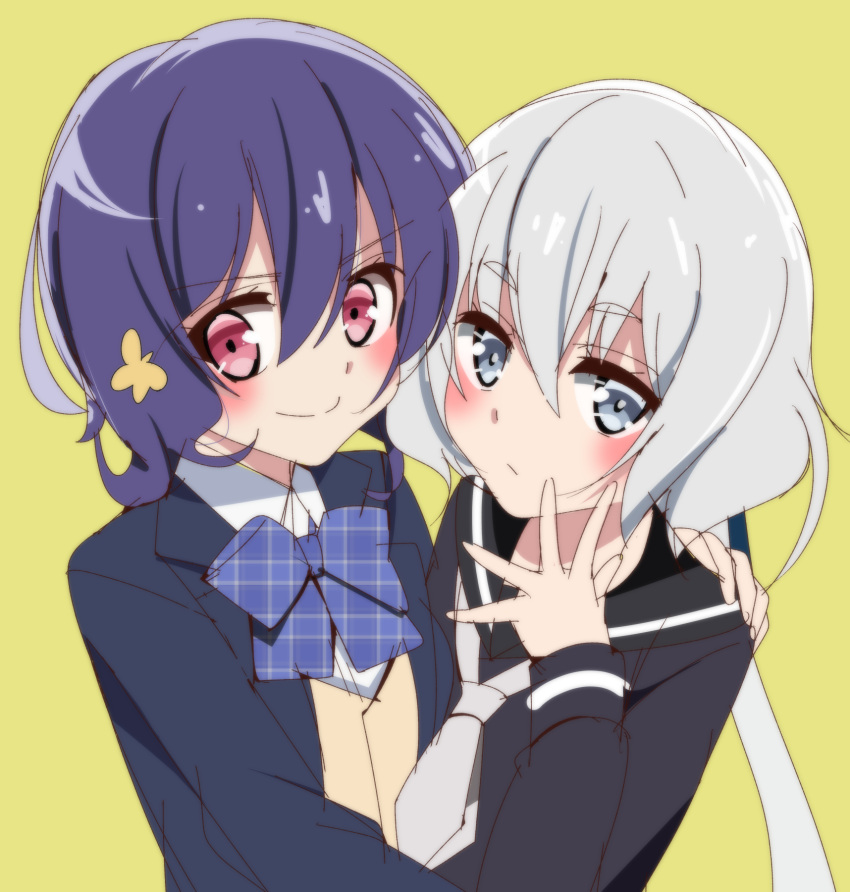 2girls black_dress black_sailor_collar blue_eyes blue_neckwear blush dress hair_between_eyes highres konno_junko long_sleeves mizuno_ai multiple_girls red_eyes sailor_collar sailor_dress silver_hair sinakyo white_neckwear zombie_land_saga