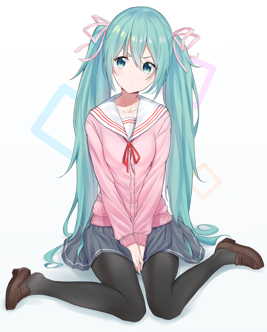 1girl aqua_eyes aqua_hair between_legs bibboss39 black_legwear brown_footwear buttons closed_mouth collarbone frown grey_skirt hair_ribbon hatsune_miku head_tilt highres loafers long_hair long_sleeves looking_to_the_side miniskirt neck_ribbon pantyhose pink_cardigan pink_ribbon pleated_skirt red_neckwear ribbon sailor_collar school_uniform shadow shoe_dangle shoes sidelocks sitting skirt solo twintails v-shaped_eyebrows v_arms very_long_hair vocaloid wariza white_background white_sailor_collar