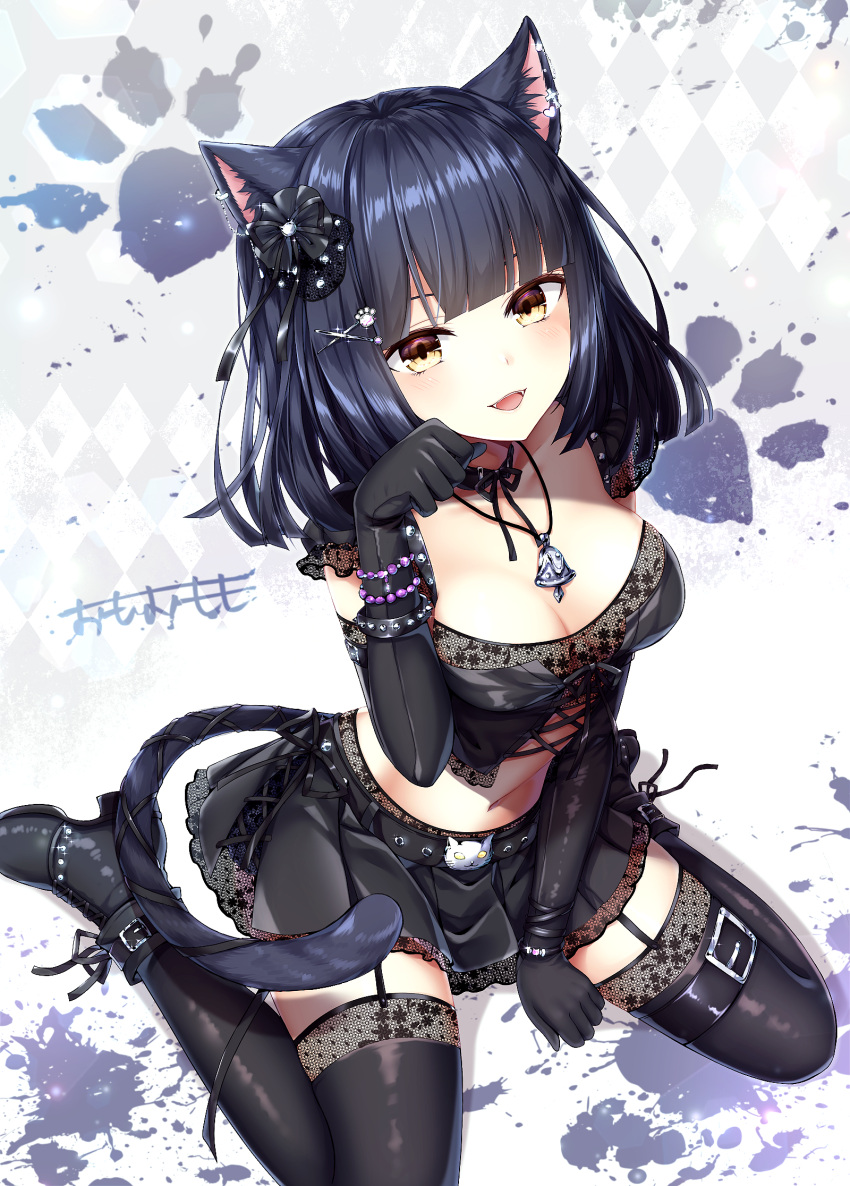 1girl animal_ears bangs bare_shoulders bell belt black_gloves black_hair black_legwear black_ribbon black_skirt blunt_bangs blush breasts cat_day cat_ears cat_tail cleavage commentary_request corset detached_sleeves eyebrows_visible_through_hair fangs garter_straps gloves hair_between_eyes hair_ornament hairclip highres jewelry looking_at_viewer medium_breasts medium_hair navel necklace omoomomo open_mouth original paw_pose ribbon shoes simple_background sitting skirt smile solo tail thigh-highs wariza yellow_eyes