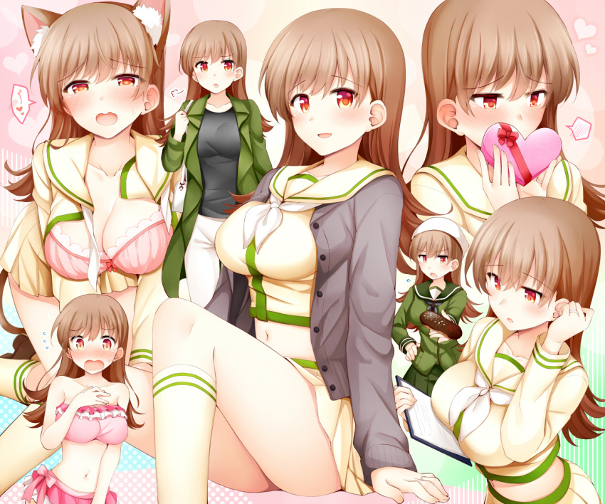 1girl alternate_costume animal_ears bangs bikini black_shirt blunt_bangs blush box bra breasts brown_eyes brown_hair cat_ears cat_tail collarbone embarrassed eyebrows_visible_through_hair food green_coat green_shirt green_skirt heart heart-shaped_box holding holding_food jewelry kantai_collection kemonomimi_mode large_breasts long_hair midriff nose_blush ooi_(kantai_collection) open_clothes open_shirt pink_bikini pink_bra remodel_(kantai_collection) ring rui_shi_(rayze_ray) school_uniform serafuku shirt skirt speech_bubble spoken_heart strapless strapless_bikini sweat swimsuit tail underwear wedding_band yellow_shirt yellow_skirt