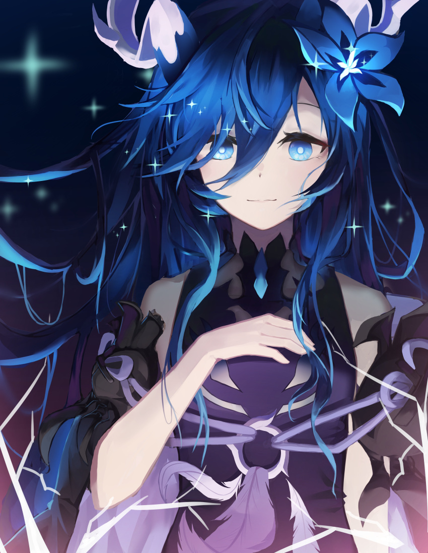 1girl absurdres blue_eyes dbeka0622 detached_sleeves elsword feathers flower hair_flower hair_ornament highres horns long_hair nisha_(elsword) nisha_labyrinth_(elsword) smile sparkle