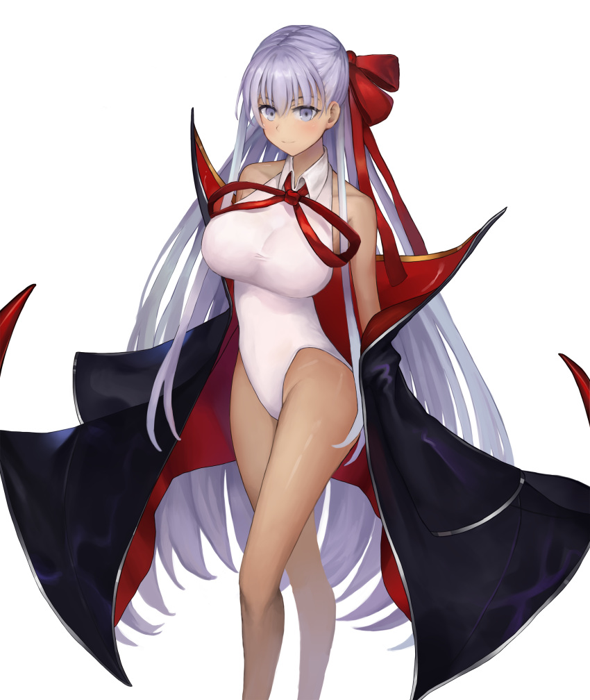 1girl bare_shoulders bb_(fate)_(all) bb_(fate/extra_ccc) bb_(swimsuit_mooncancer)_(fate) black_coat breasts fate/grand_order fate_(series) feet_out_of_frame highleg highleg_leotard highres kkieut large_breasts leotard long_hair looking_at_viewer popped_collar purple_hair red_ribbon ribbon simple_background solo standing tan violet_eyes white_background white_leotard