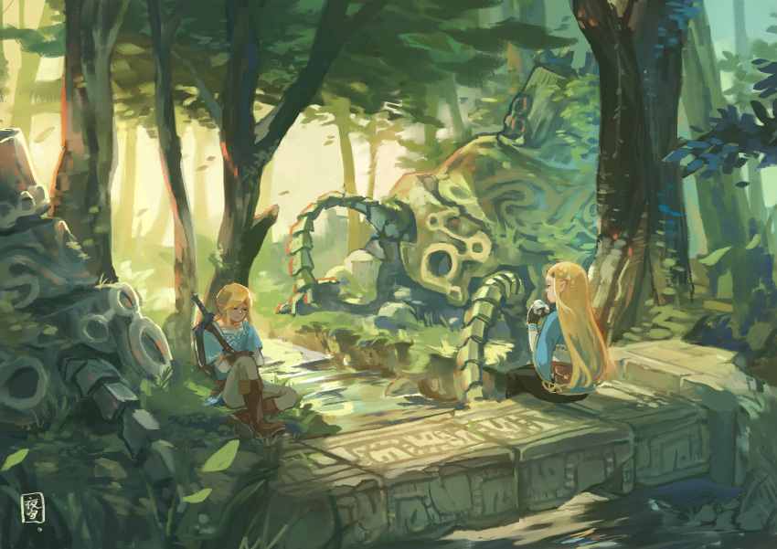 1boy 1girl absurdres against_tree black_pants blonde_hair boots bridge brown_footwear closed_eyes commentary_request crossed_arms eating fingerless_gloves forest gloves guardian_(breath_of_the_wild) highres huge_filesize link long_hair nature nintendo outdoors pants pointy_ears princess_zelda shield sitting sophie_usui stream sword the_legend_of_zelda the_legend_of_zelda:_breath_of_the_wild tree tunic weapon