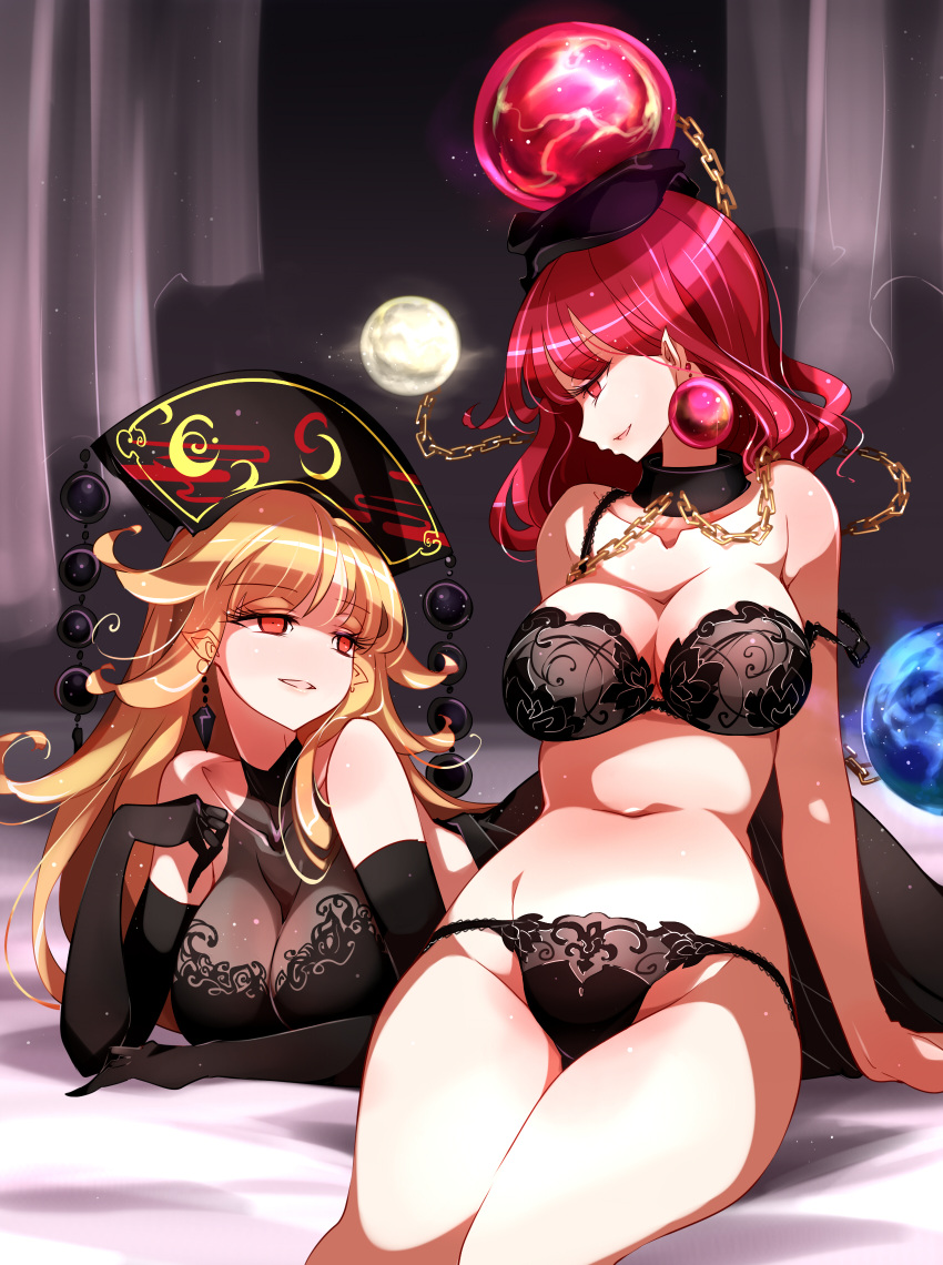 2girls arm_support bangs bare_arms bare_shoulders bed_sheet black_bra black_choker black_dress black_gloves black_panties blonde_hair bra breasts chains choker collarbone commentary_request curtains dress earrings earth_(ornament) elbow_gloves eyebrows_visible_through_hair feet_out_of_frame gloves groin headdress hecatia_lapislazuli highres jewelry junko_(touhou) large_breasts long_hair looking_at_another looking_down lying moon_(ornament) multiple_girls navel night night_sky no_nose on_stomach panties parted_lips pointy_ears polos_crown profile raptor7 reclining red_eyes redhead sitting sky smile stomach strap_slip tassel thighs touhou underwear underwear_only