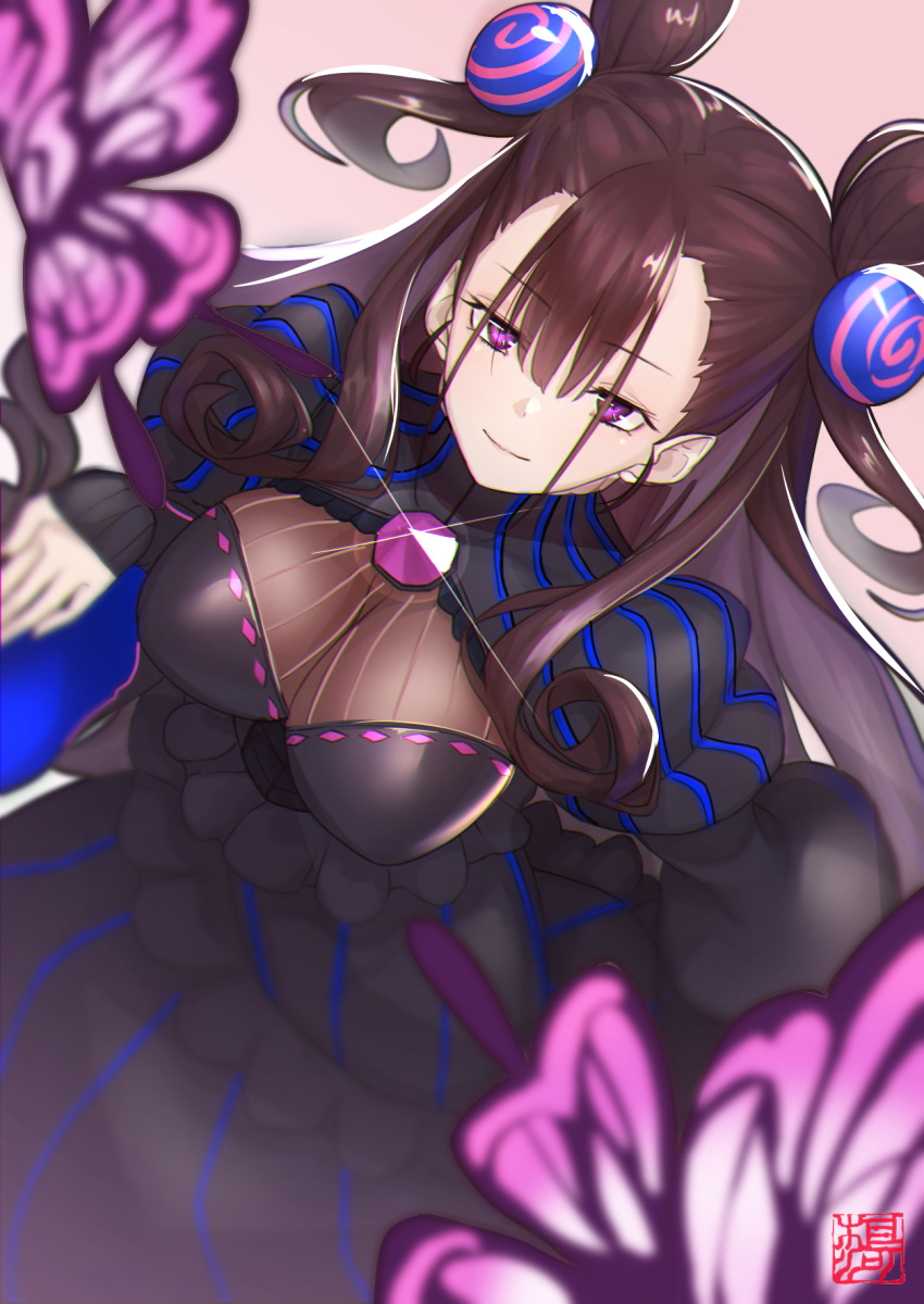 1girl bangs black_dress breasts brown_hair bug butterfly double_bun dress fate/grand_order fate_(series) frilled_dress frills gem goemon1110 hair_between_eyes hair_ornament highres insect large_breasts long_hair long_sleeves looking_at_viewer murasaki_shikibu_(fate) puffy_long_sleeves puffy_sleeves sleeves_past_wrists smile solo very_long_hair violet_eyes