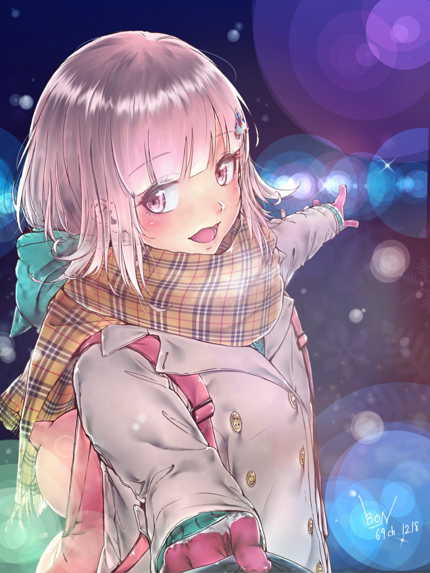 1girl :d alternate_costume backpack bag blush cat_bag commentary_request dangan_ronpa dated eyebrows_visible_through_hair from_side gloves hair_ornament hairclip happy highres hood hoodie jacket mioda_69ch nanami_chiaki open_mouth parted_lips pink_bag pink_eyes pink_gloves pink_hair plaid plaid_scarf pointing pointing_to_the_side pulling scarf short_hair signature smile solo super_dangan_ronpa_2