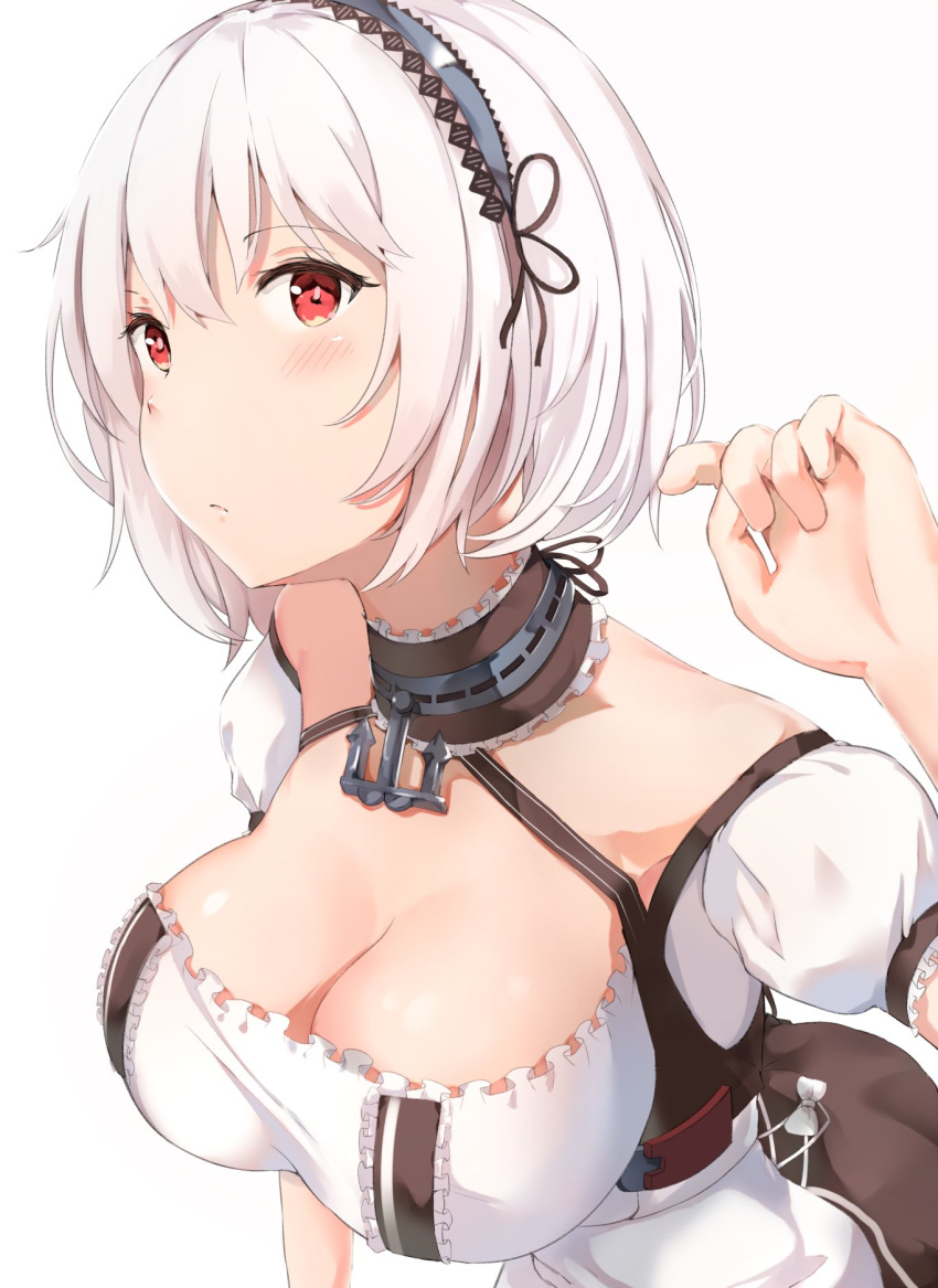 1girl azur_lane bangs blush breasts choker cleavage closed_mouth eyebrows_visible_through_hair hair_between_eyes hairband highres lace-trimmed_hairband large_breasts looking_at_viewer puffy_sleeves red_eyes short_hair short_sleeves simple_background sirius_(azur_lane) solo white_background white_hair