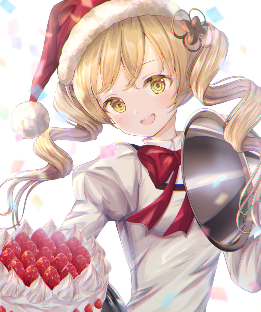 1girl bangs blonde_hair blush cake christmas food hair_ornament hat highres holding looking_at_viewer magia_record:_mahou_shoujo_madoka_magica_gaiden mahou_shoujo_madoka_magica open_mouth ribbon santa_hat simple_background smile solo tomoe_mami twintails ukiukikiwi2525 whipped_cream white_background yellow_eyes
