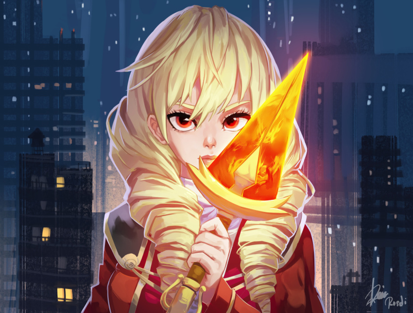 1girl blonde_hair breasts cape cityscape commentary commission drill_hair english_commentary erika_wagner eyebrows eyelashes glowing glowing_sword glowing_weapon holding holding_weapon lips long_hair looking_at_viewer medium_breasts night red_eyes rosdi short_sword signature solo sword twin_drills under_night_in-birth under_night_in-birth_exe:late[st] weapon