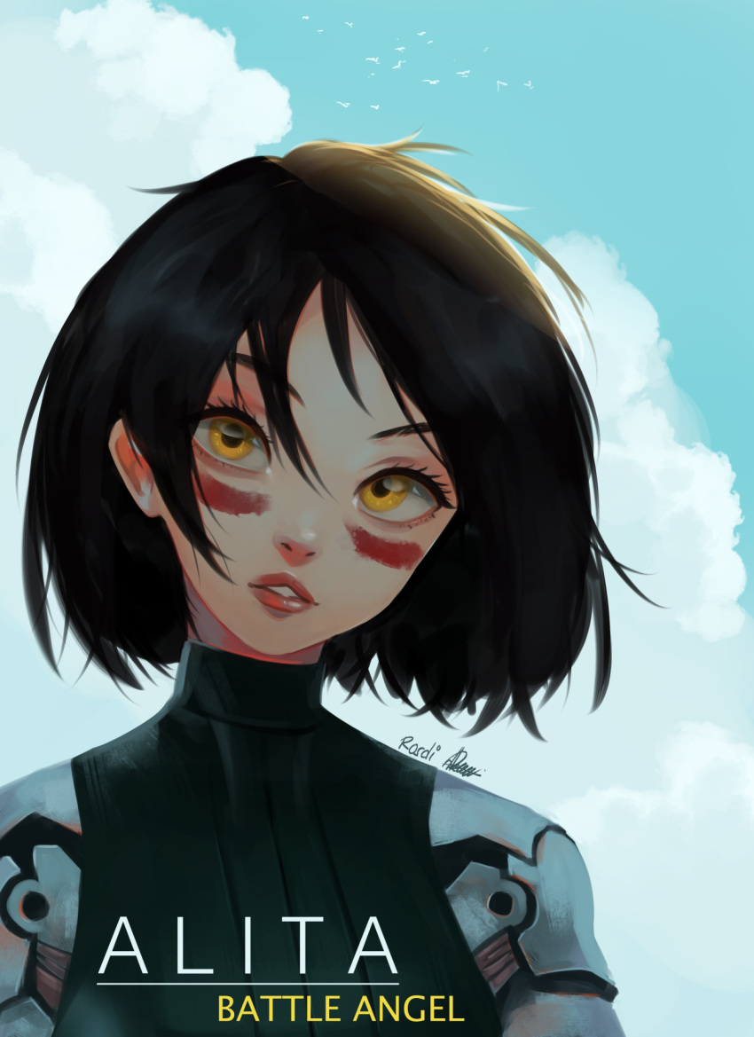 1girl alita:_battle_angel alita_(alita:_battle_angel) backlighting black_hair commentary cyberpunk cyborg day english_commentary eyelashes gally gunnm highres lips looking_at_viewer mechanical_arms medium_hair rosdi signature yellow_eyes