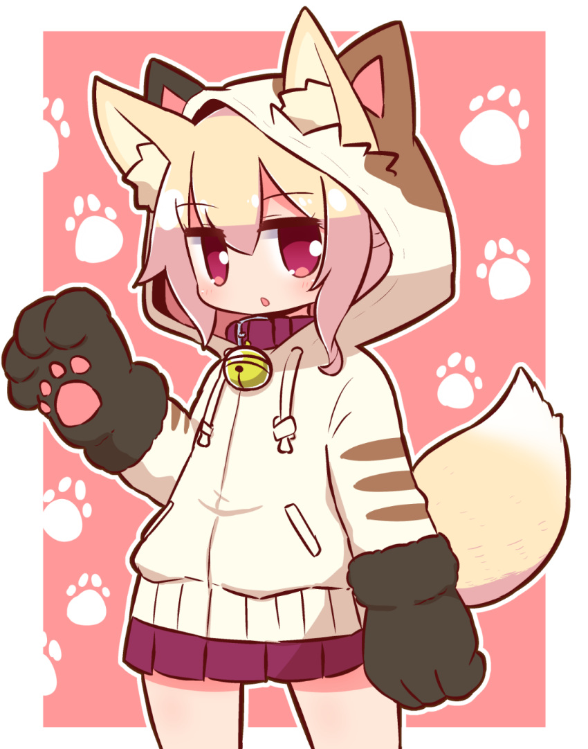 1girl :o animal_ear_fluff animal_ears animal_hood bangs bell bell_collar blonde_hair blush cat_hood collar commentary_request cowboy_shot drawstring ears_through_headwear eyebrows_visible_through_hair fox_ears fox_girl fox_tail gloves hair_between_eyes hand_up highres hood hood_up hoodie jingle_bell kemomimi-chan_(naga_u) long_hair long_sleeves looking_at_viewer naga_u original parted_lips paw_gloves paws pleated_skirt purple_skirt red_collar red_eyes skirt solo standing tail white_hoodie