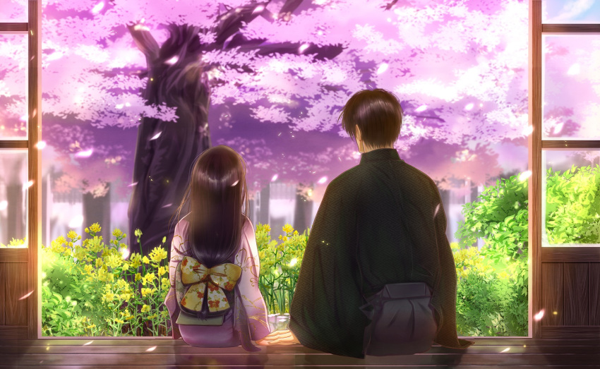 1boy 1girl back black_hair brown_hair cherry_blossoms day facing_away floral_print flower from_behind grey_hakama hakama hand_holding hetero izumi_(stardustalone) japanese_clothes kimono long_hair low-tied_long_hair obi original pink_kimono renri_no_chigiri_wo_kimi_to_shiru sash sitting spring_(season) veranda