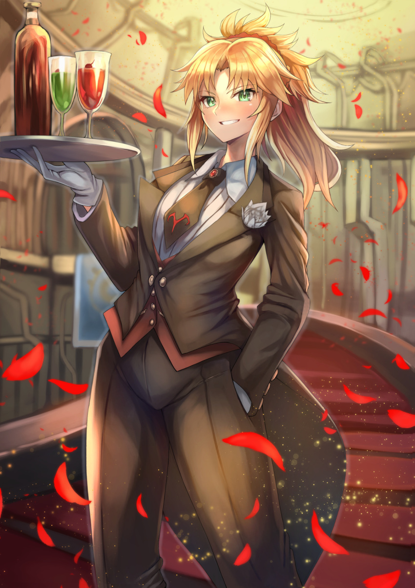 1girl alcohol bangs black_neckwear black_pants blonde_hair blurry blurry_background blush bottle breasts collared_shirt cup eyebrows_visible_through_hair fate/grand_order fate_(series) formal gloves green_eyes grin hand_in_pocket highres holding holding_tray indoors jacket light_particles long_hair looking_at_viewer mordred_(fate) mordred_(fate)_(all) necktie ohako_(ohako1818) pant_suit pants petals ponytail red_vest shirt sidelocks smile solo stairs standing suit tray vest white_gloves white_shirt