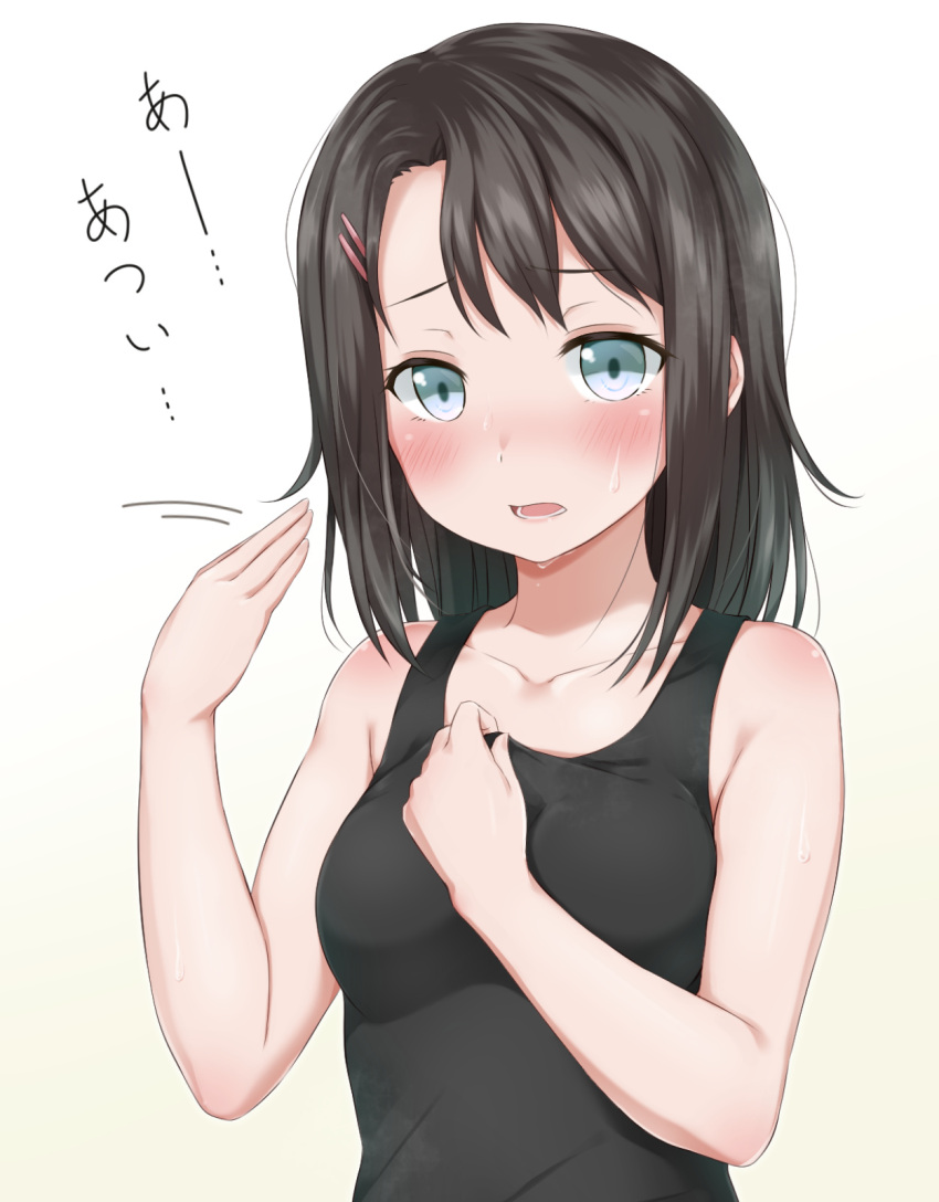 1girl bang_dream! bangs bare_arms bare_shoulders black_hair black_tank_top blue_eyes blush breasts brown_background collarbone commentary_request eyebrows_visible_through_hair fanning_face fanning_self gradient gradient_background hair_ornament hairclip highres hitotsuki_no_yagi hot long_hair looking_at_viewer medium_breasts okusawa_misaki open_mouth solo sweat tank_top translated white_background
